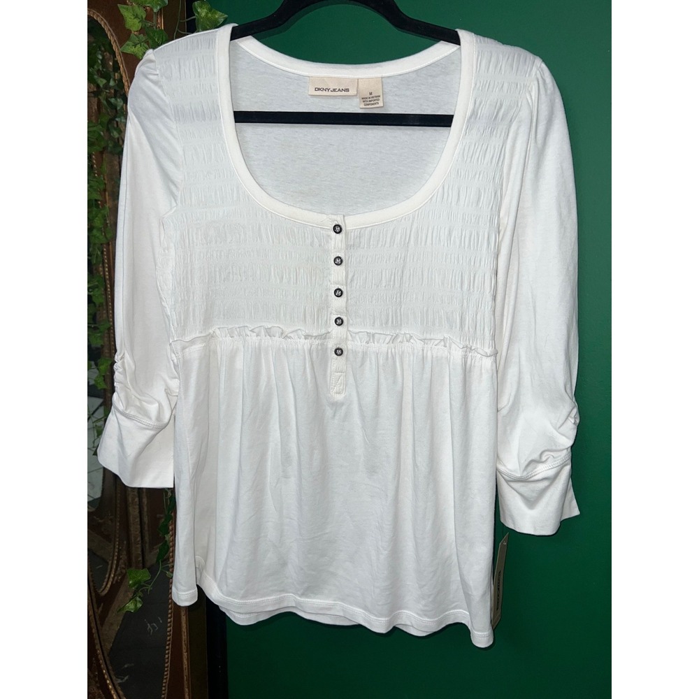 NWT DKNY Jeans Womens White Smocked Henley Top Long Sleeve Ruffle Blouse Medium